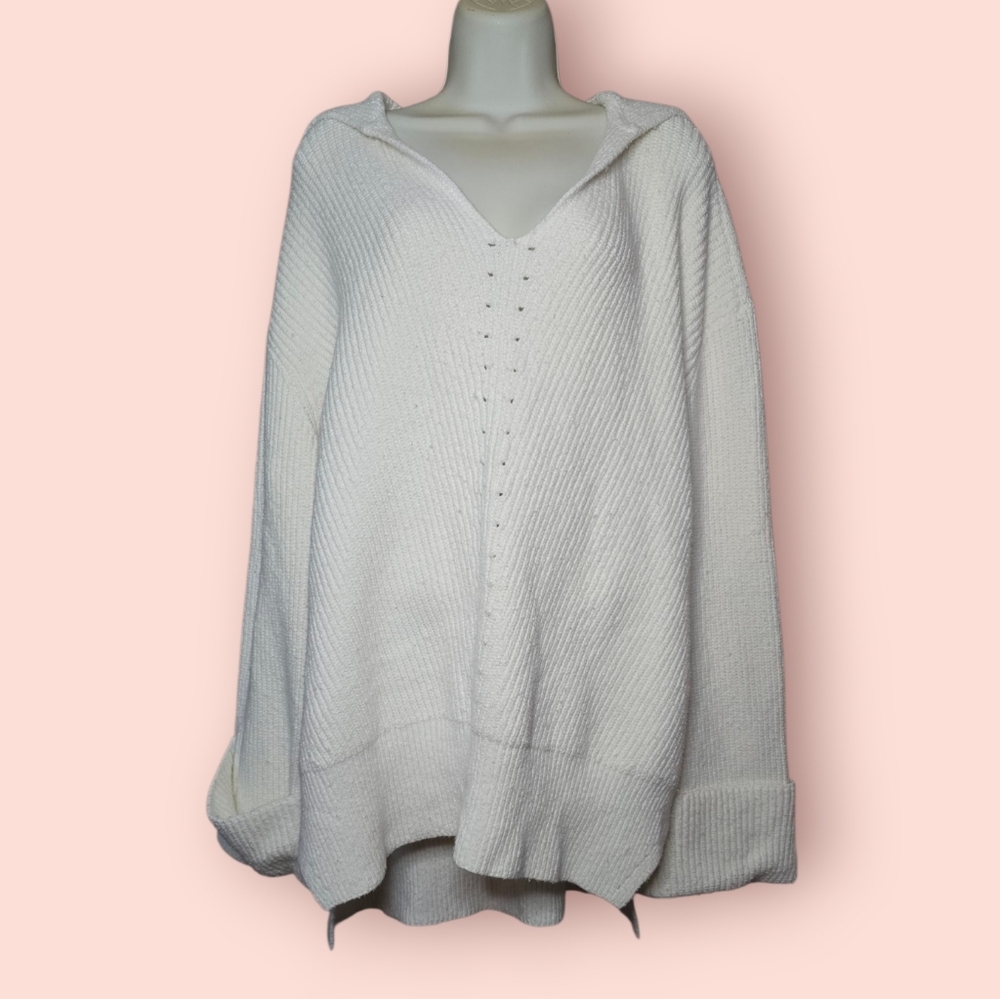 By Anthropologie White Cotton Ribbed Knit V-Neck Hooded Oversized Sweater XL